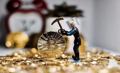A large-scale mining farm with rows of mining rigs processing complex algorithms.