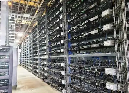 Vast cryptocurrency mining farm with rows of active mining machines
